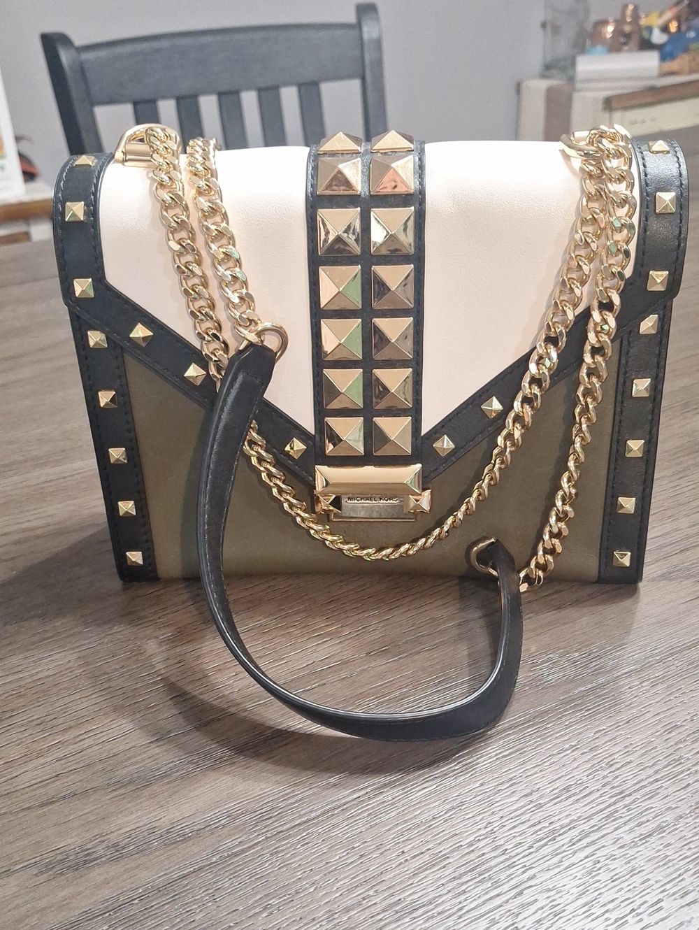 Michael Kors Olive, Black & Cream Studded Chain Shoulder Bag